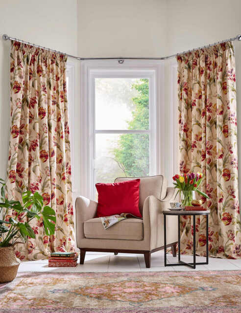 Laura Ashley Gosford Pure Cotton Pencil Pleat Curtains Red Mix