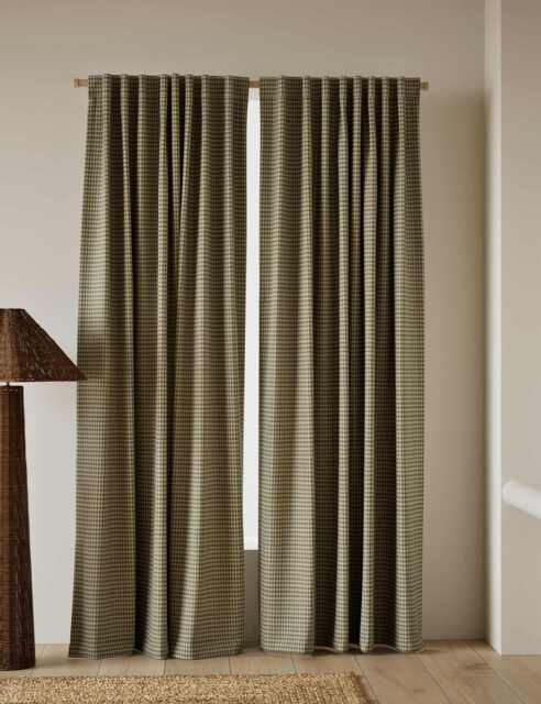 M&S Pure Cotton Gingham Semi-Sheer Multiway Curtains Olive