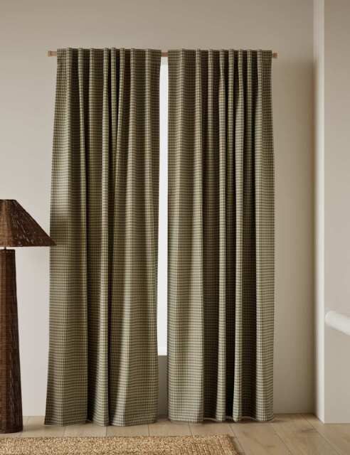M&S Pure Cotton Gingham Semi-Sheer Multiway Curtains Olive
