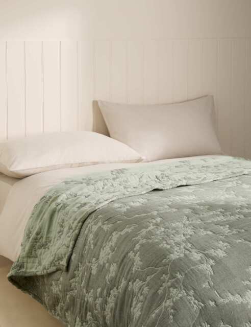 M&S Pure Cotton Floral Jacquard Bedspread Green