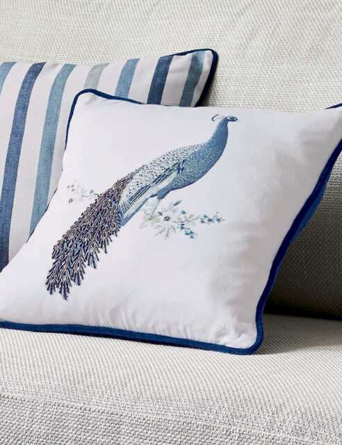 Laura Ashley Pure Cotton Peacock Beaded Cushion Blue Mix