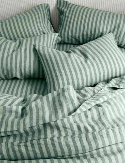 Piglet In Bed Linen Rich Pembroke Stripe Fitted Sheet Green Mix