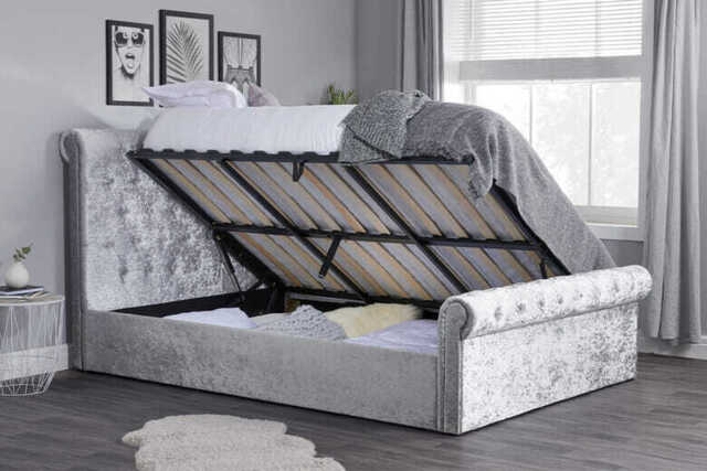 Sienna Steel Crushed Velvet Side Ottoman Bed, King Size