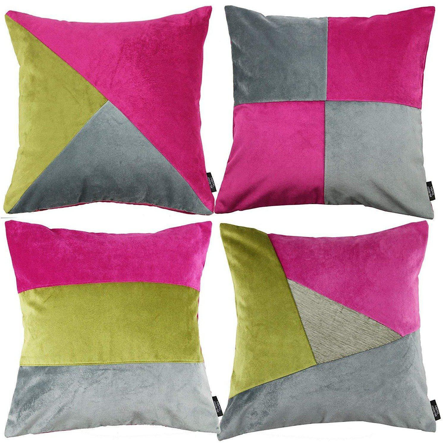 Patchwork Velvet Pink, Green + Grey 43cm x 43cm Cushion Set, Filled Cushions