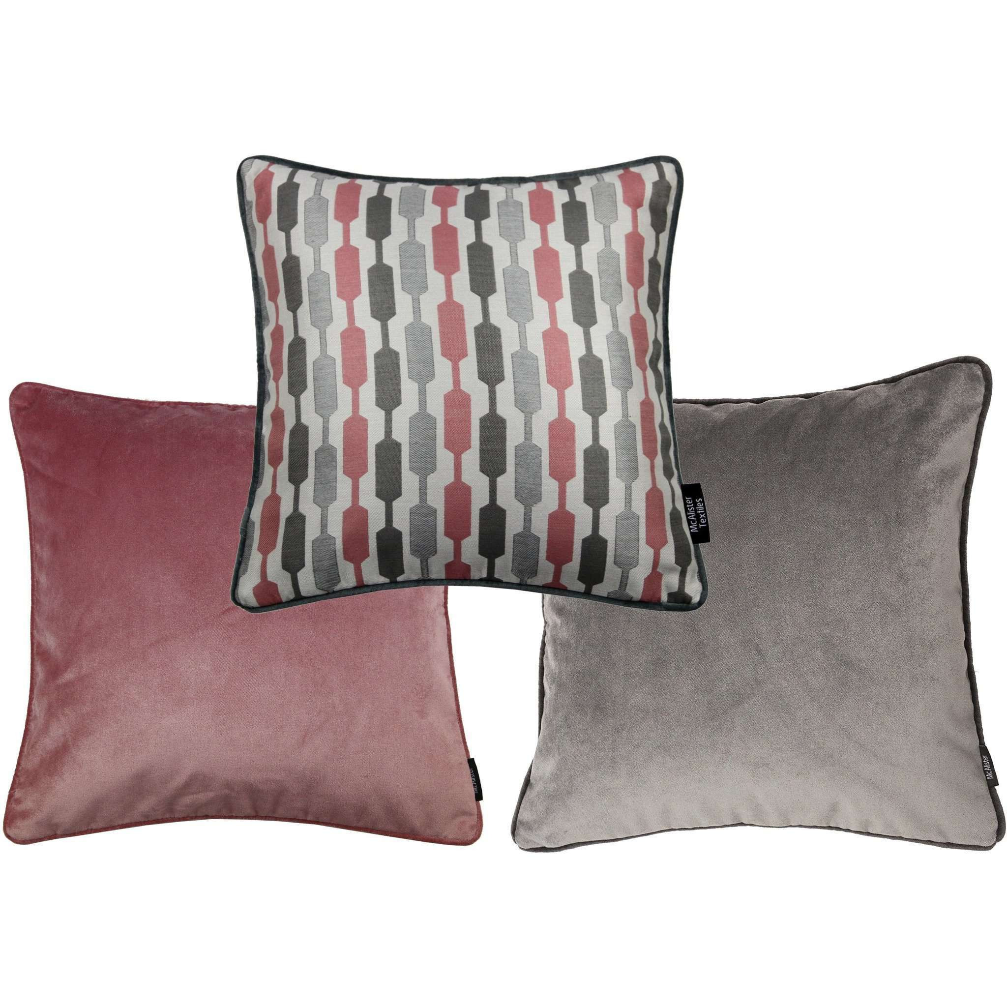Blush Pink Geometric and Plain Velvet 43cm x 43cm Cushion Set of 3, Cushion Cover