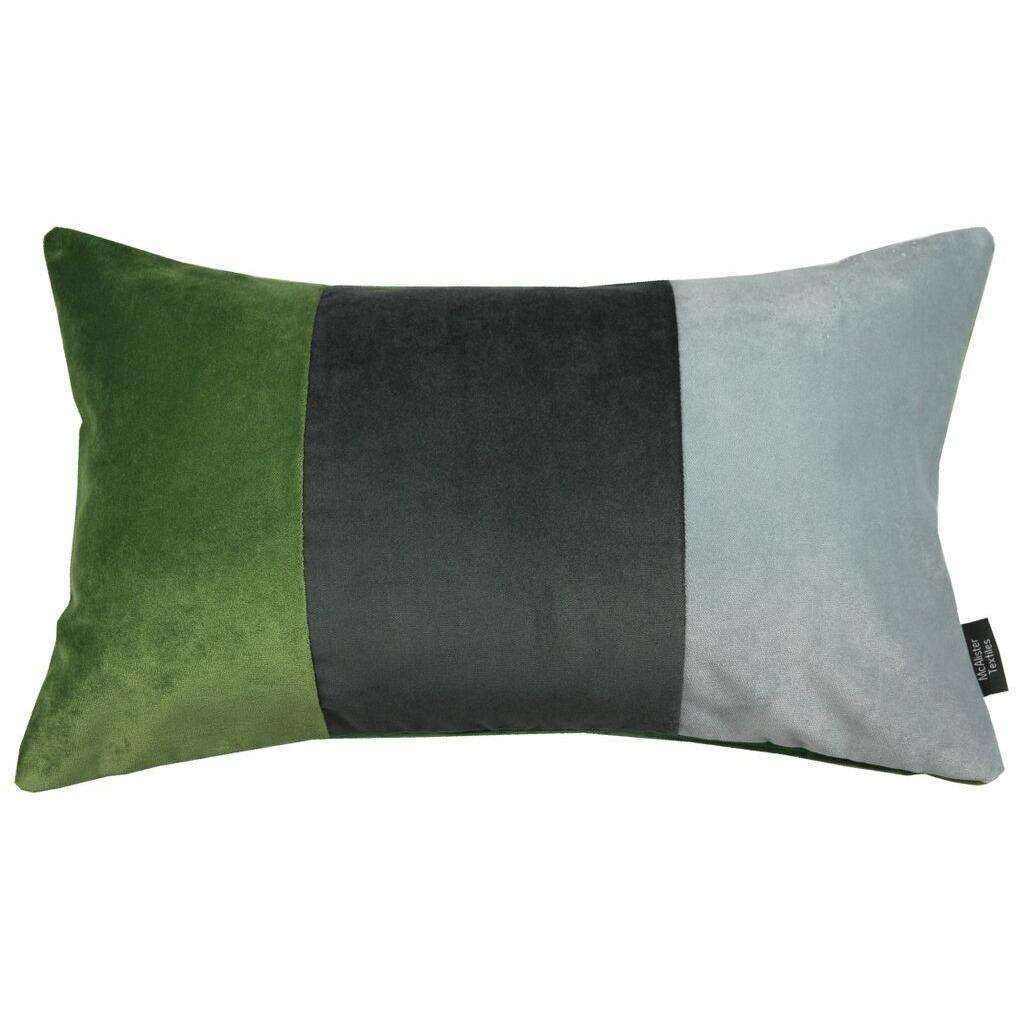3 Colour Patchwork Velvet Green, Silver + Grey Pillow, Cover Only / 50cm x 30cm