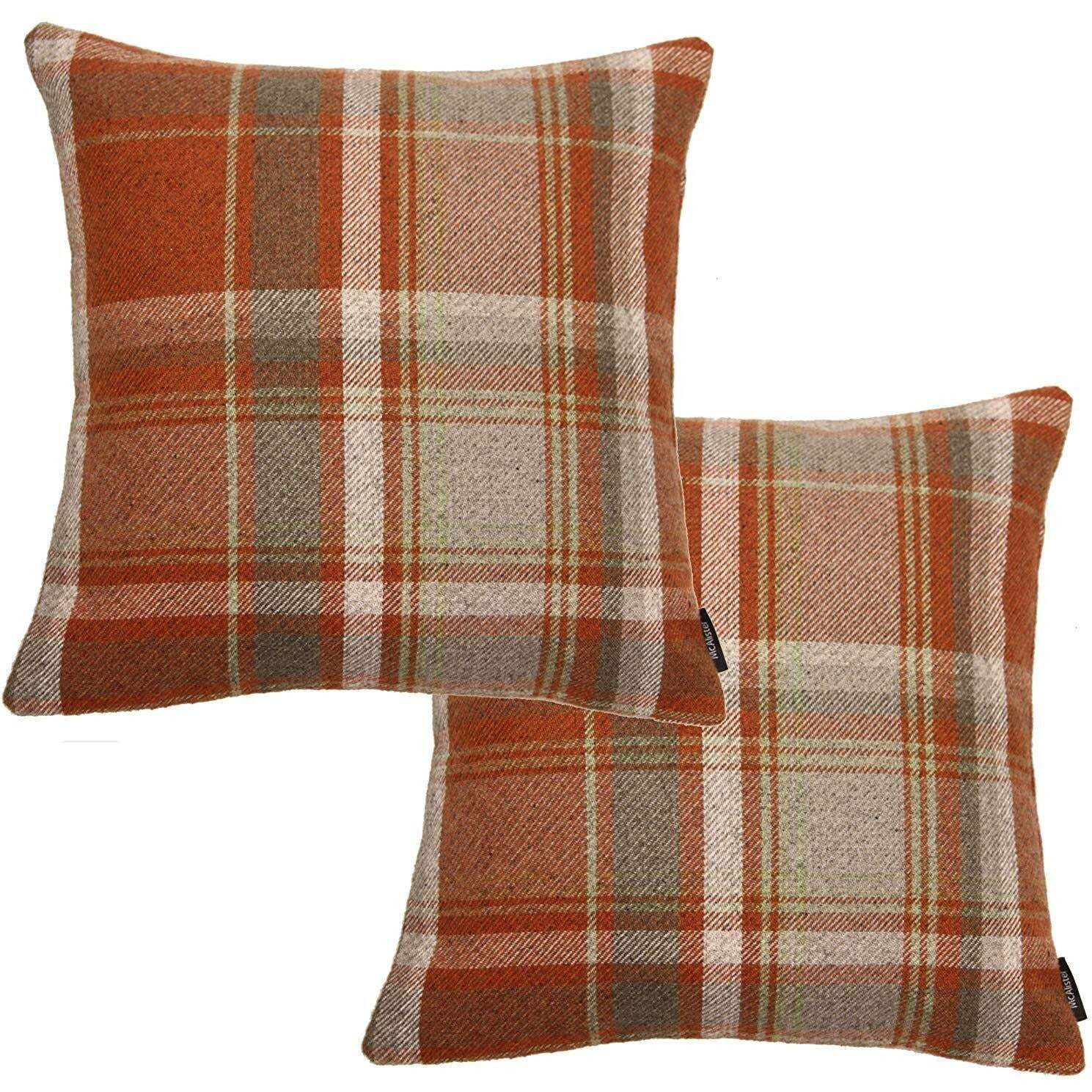 Heritage Burnt Orange + Grey Tartan 43cm x 43cm Cushion Sets, Cushion Covers / Set of 2