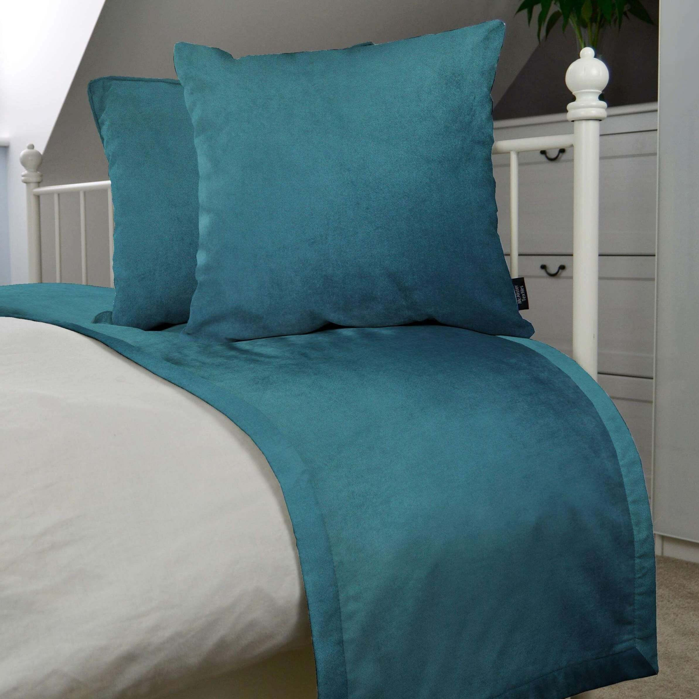 Matt Blue Teal Velvet Bedding Set, Runner (50x240cm) + 2x Cushion Covers