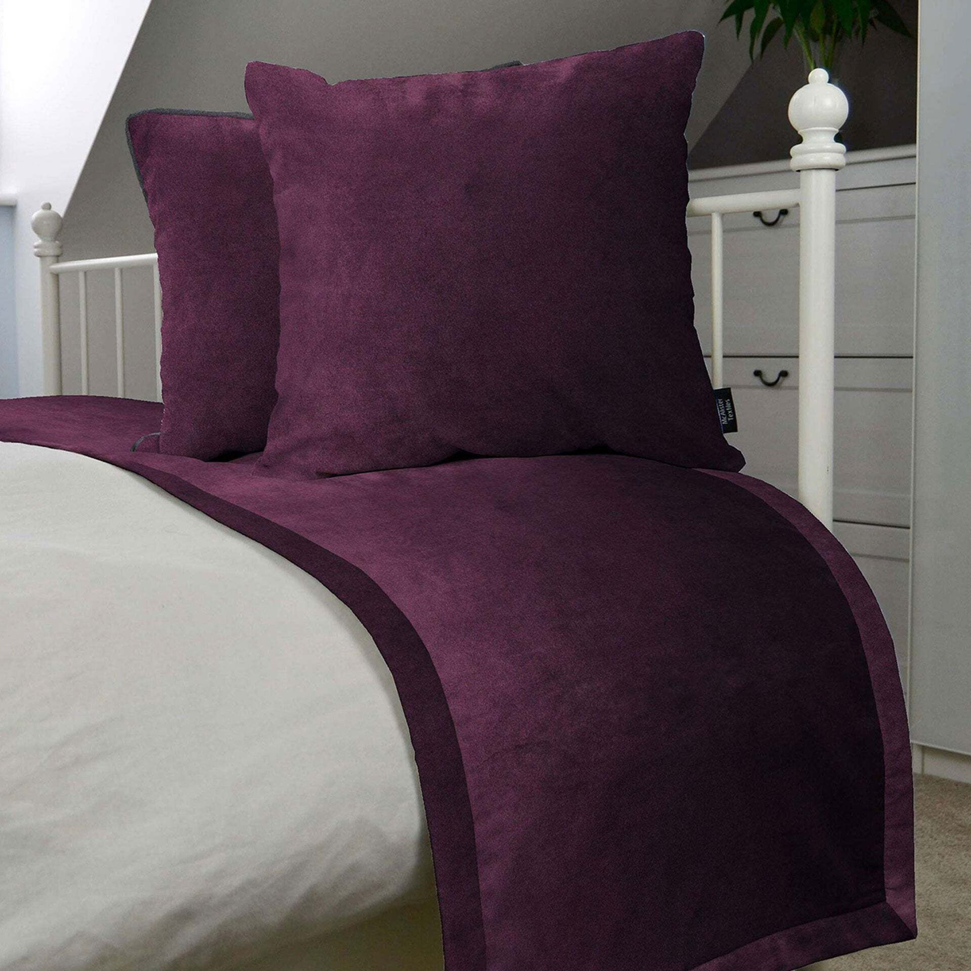 Matt Aubergine Purple Velvet Bedding Set, Runner (50x240cm) + 2x Cushion Covers