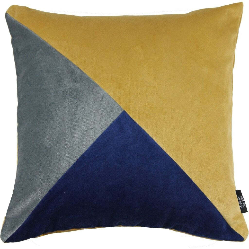 Diagonal Patchwork Velvet Navy, Yellow + Grey Cushion, Cover Only / 43cm x 43cm