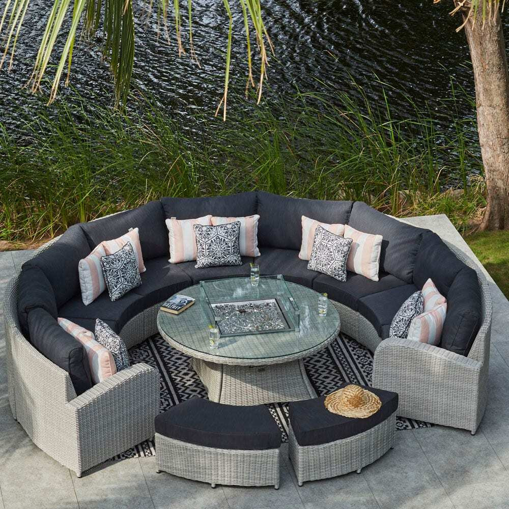 11 Seat Rattan Half Moon Sofa With Coffee Gas Fire Pit Table by