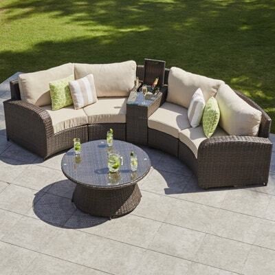 4 Seat Rattan Half Moon Sofa with Coffee Table & Drinks Cooler