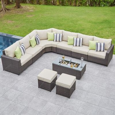8 Seat Rattan Corner Garden Sofa with Drinks Cooler Coffee Table and 2 Footstools