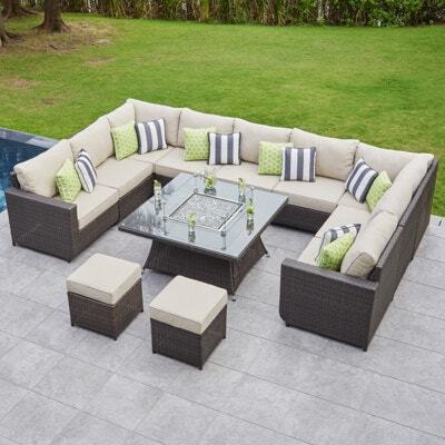 11 Seat Rattan U-Shape Garden Sofa With Gas Fire Pit Coffee Table