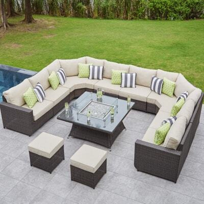 12 Seat Rattan U-Shaped Sofa With Gas Fire Pit Garden Coffee Table