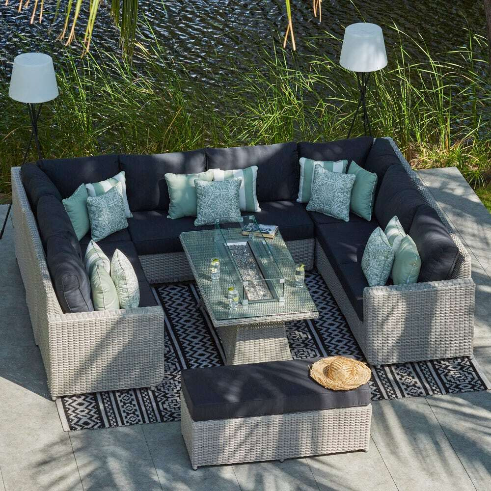 10 Seat Rattan U-Shaped Garden Sofa With Fire Pit Coffee Table