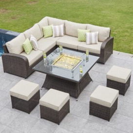 9 Seat Rattan Corner Garden Sofa With Gas Fire Pit Dining Table