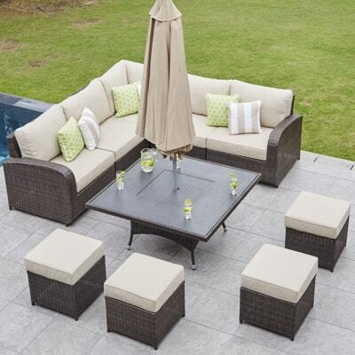 9 Seat Rattan Corner Garden Sofa with Charcoal Fire Pit Dining Table