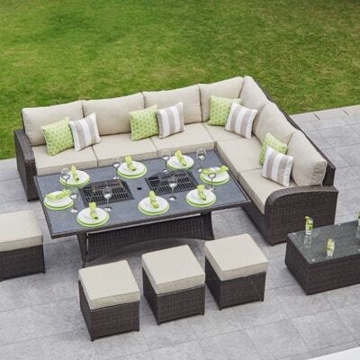 10 Seat Rattan Corner Sofa with Charcoal Fire Pit Garden Dining Table