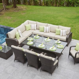 10 Seat Rattan Corner Garden Sofa with Gas Fire Pit Dining Table Set