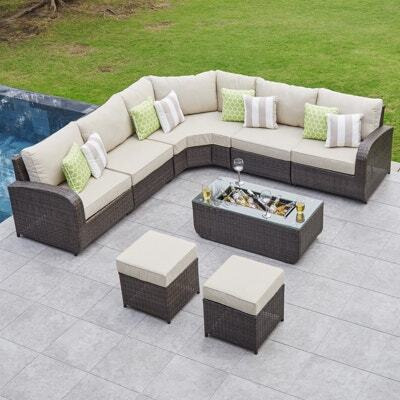 8 Seat Rattan Angled Corner Sofa with Drinks Cooler Coffee Garden Table