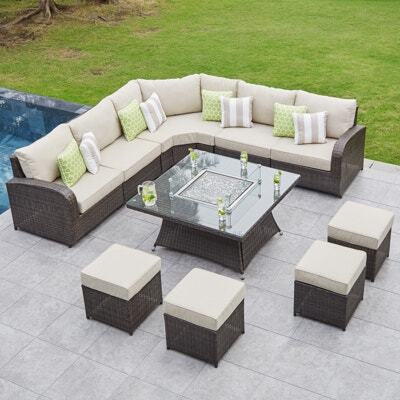 10 Seat Rattan Corner Sofa with Gas Fire Pit Coffee Garden Table