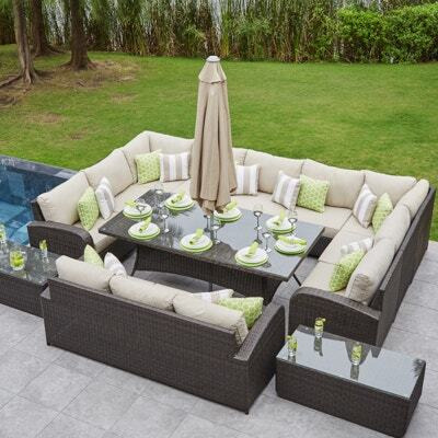 12 Seat Rattan U-Shape Garden Sofa With Dining Table