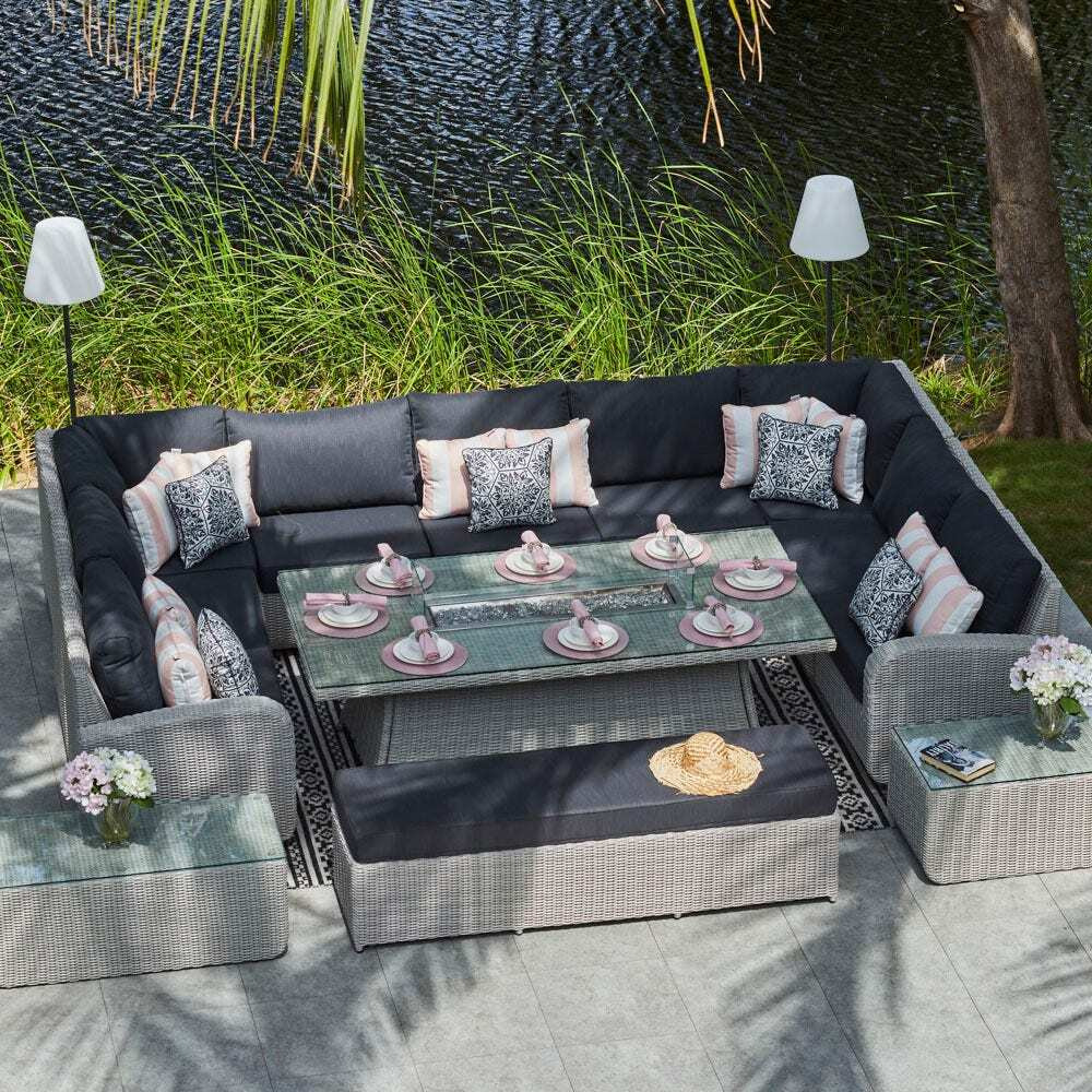 12 Seat U Shape Rattan Sofa With Gas Fire Pit Garden Dining Table