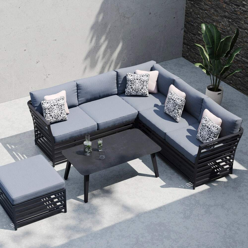 Grey 6 Seater Garden Corner Sofa With Coffee Table And Pouf