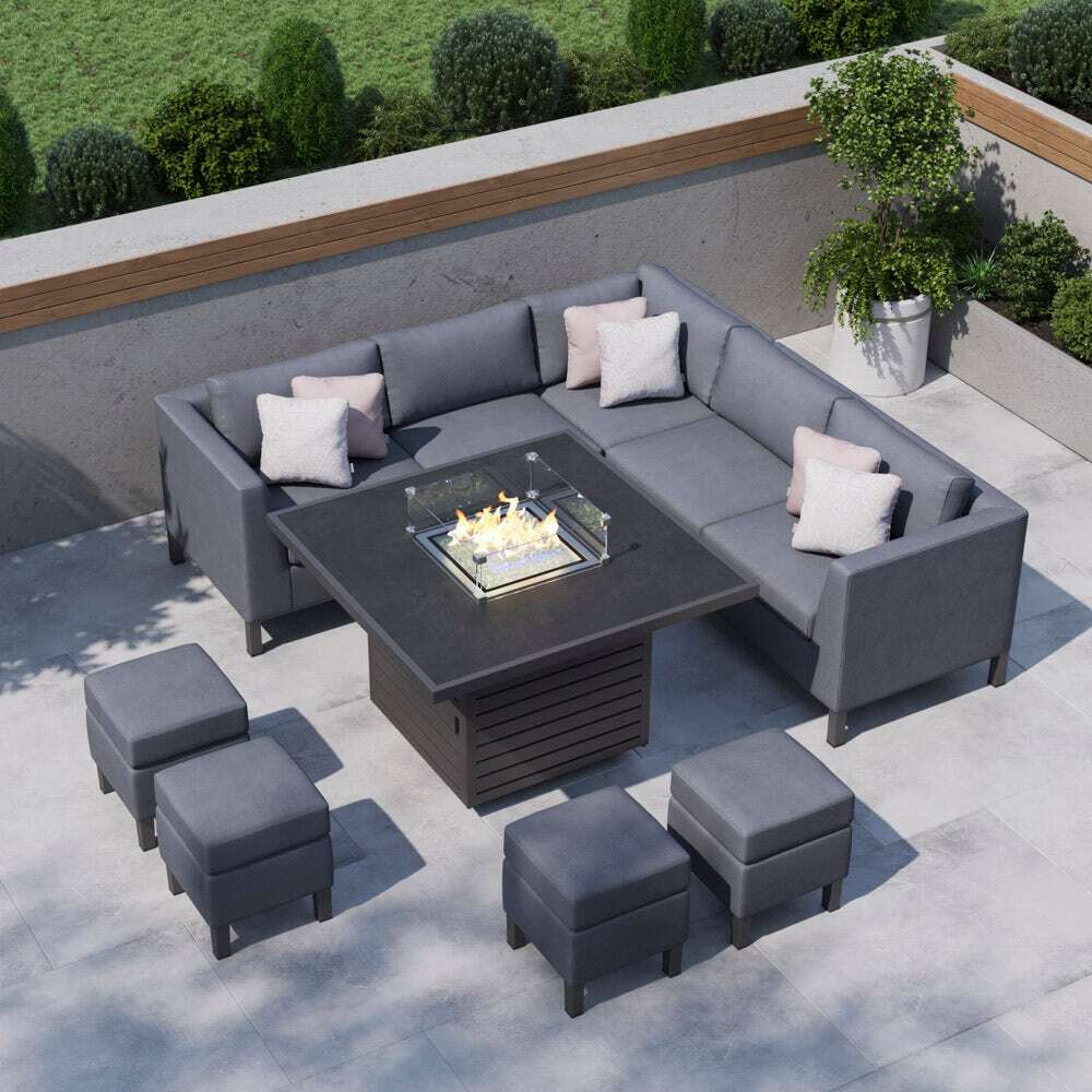 Grey 9 Seater Garden Corner Sofa With Gas Fire Pit Dining Table