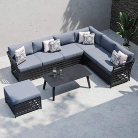 Grey 7 Seater Garden Extended Corner Sofa With Coffee Table & Pouf