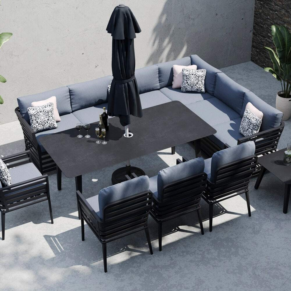 Grey 10 Seater Garden Extended Corner Sofa And Dining Combo With 4 X Dining Chair
