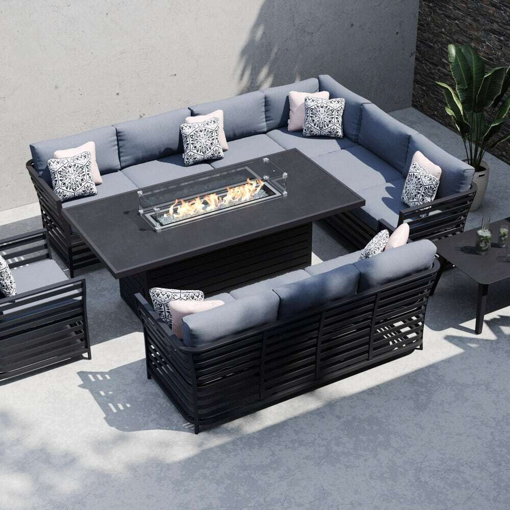 Grey 10 Seater Garden Extended Corner Sofa Combo With Gas Fire Pit Dining Table And Sofas