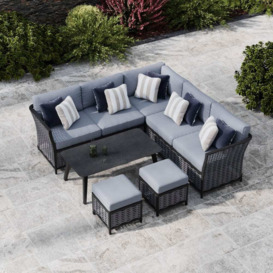 Grey 7 Seater Garden Corner Sofa With Coffee Table And Footstools