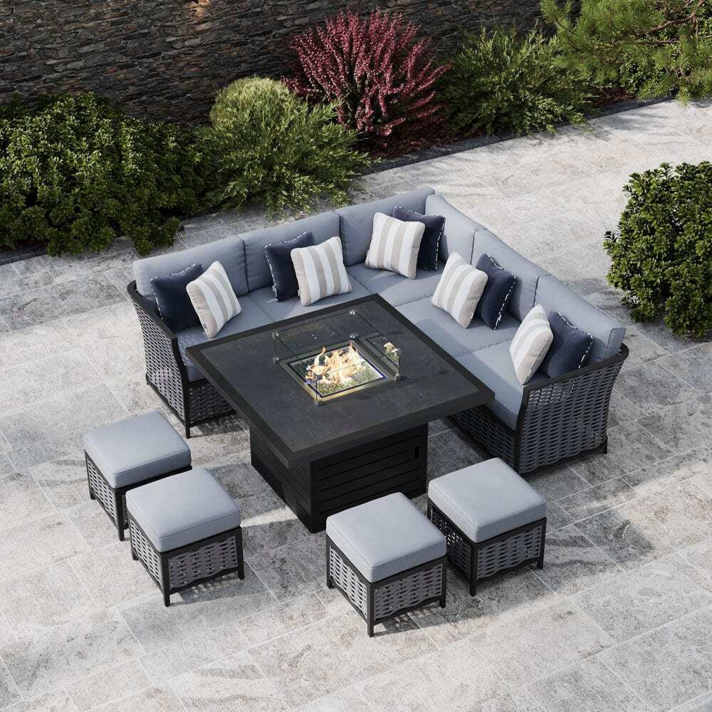 Grey 9 Seater Garden Corner Sofa With Gas Fire Pit Dining Table