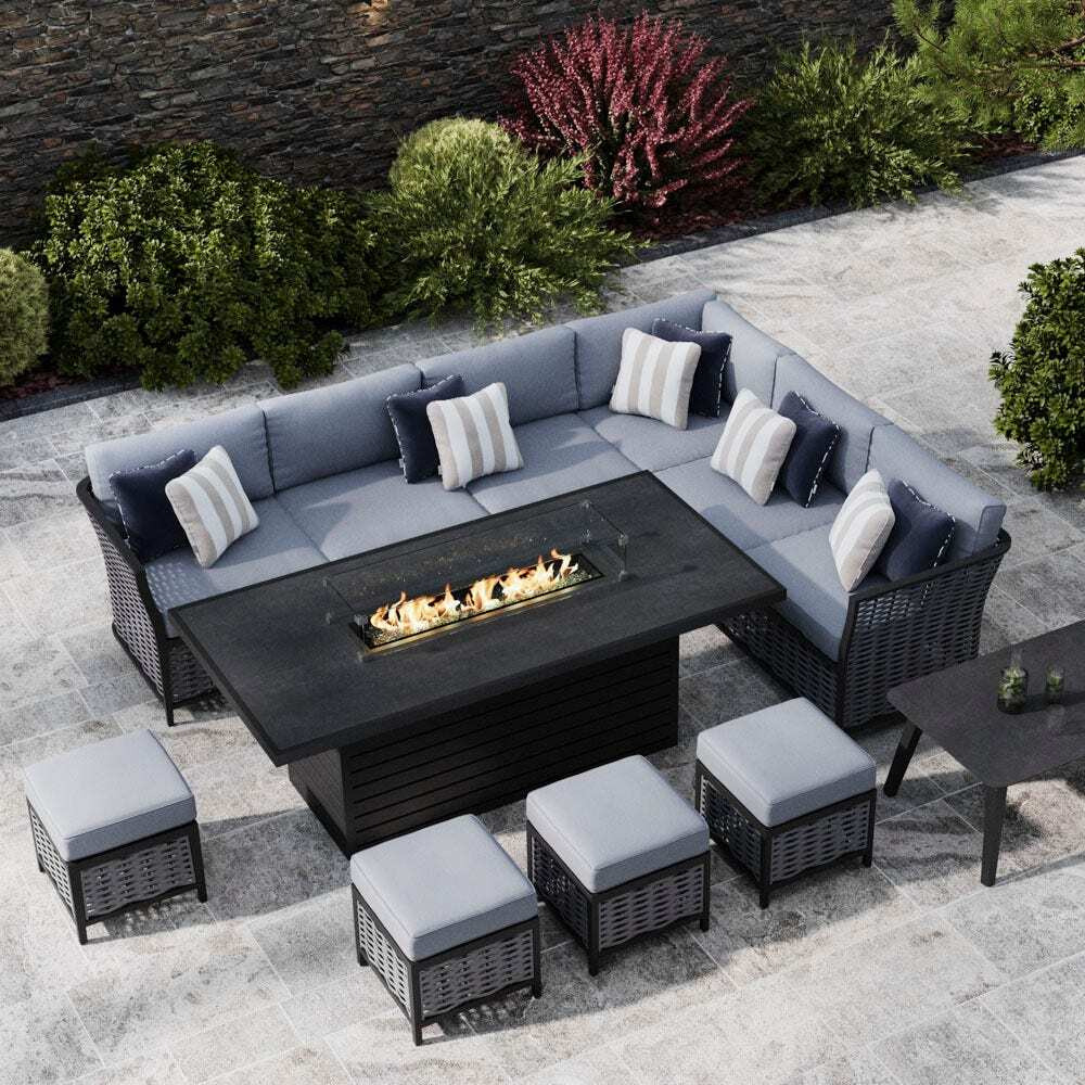 Grey 10 Seater Garden Extended Corner Sofa Combo With Gas Fire Pit Dining Table & Footstools