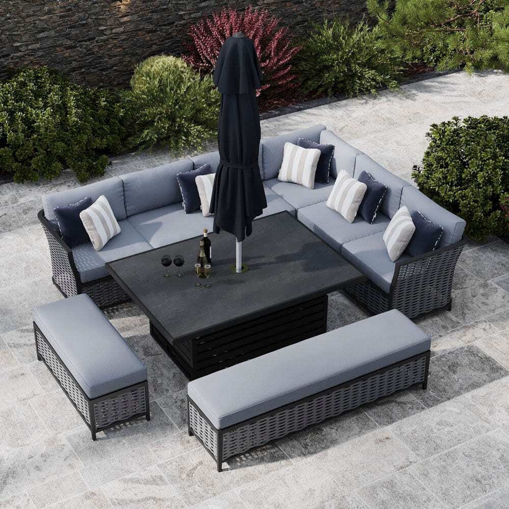 Grey 11 Seater Garden Extended Corner Sofa With Rising Table And Benches