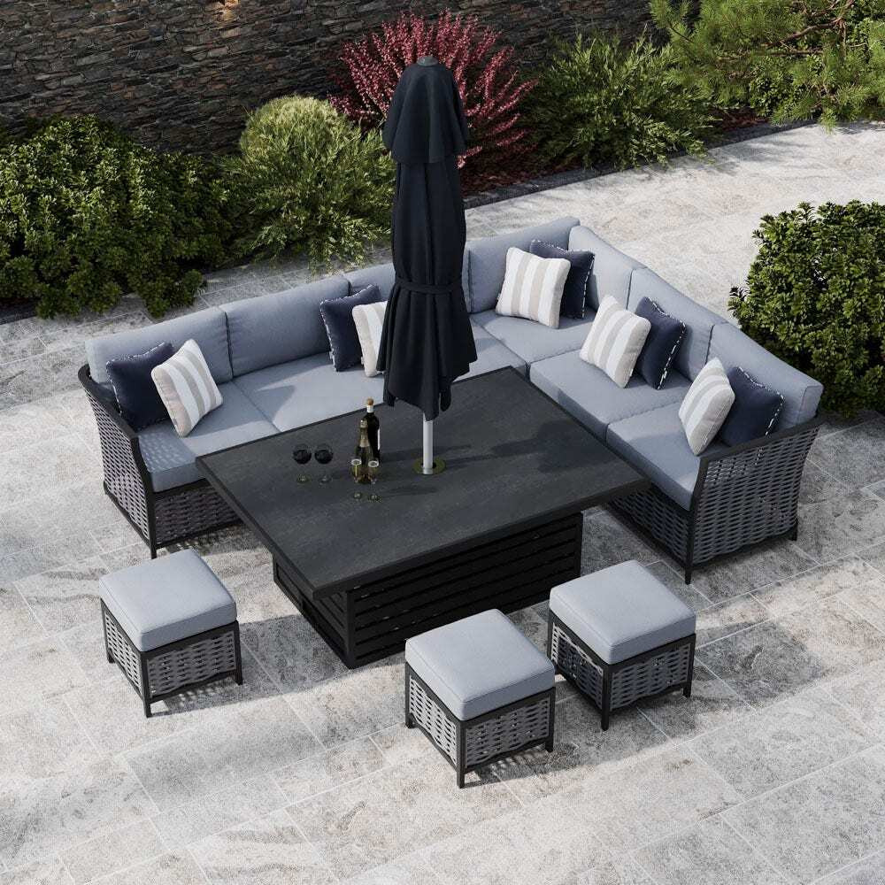 Grey 9 Seater Garden Extended Corner Sofa With Rising Table And Footstools