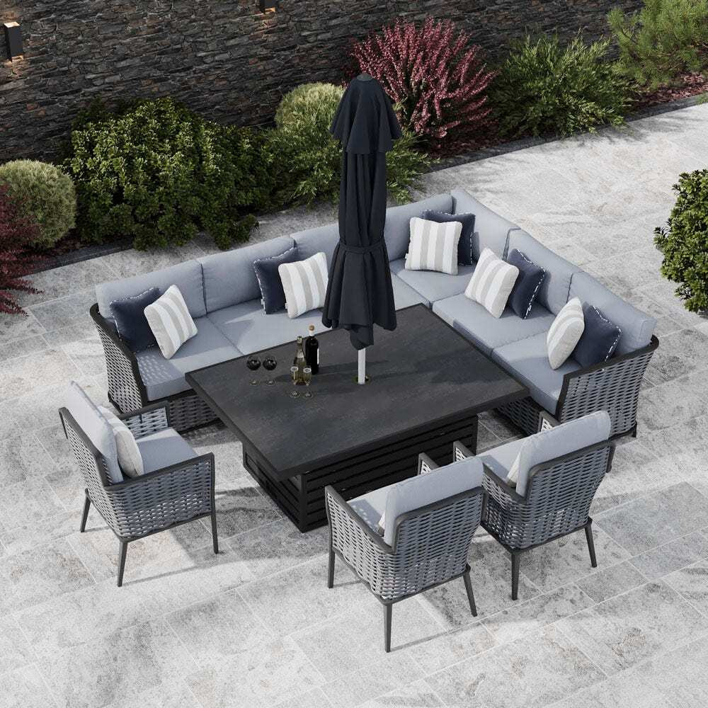Grey 9 Seater Garden Extended Corner Sofa With Rising Table And Dining Chairs