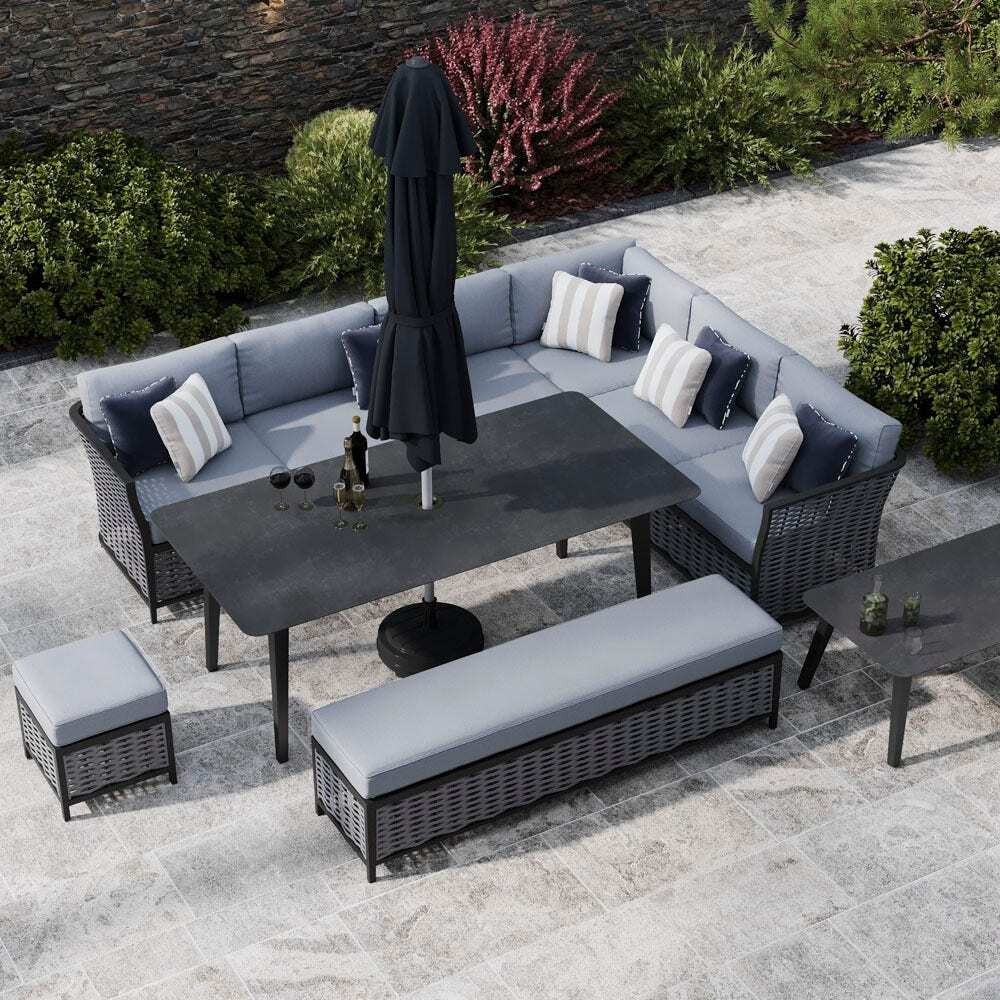 Grey 10 Seater Garden Extended Corner Sofa And Dining Combo With Bench