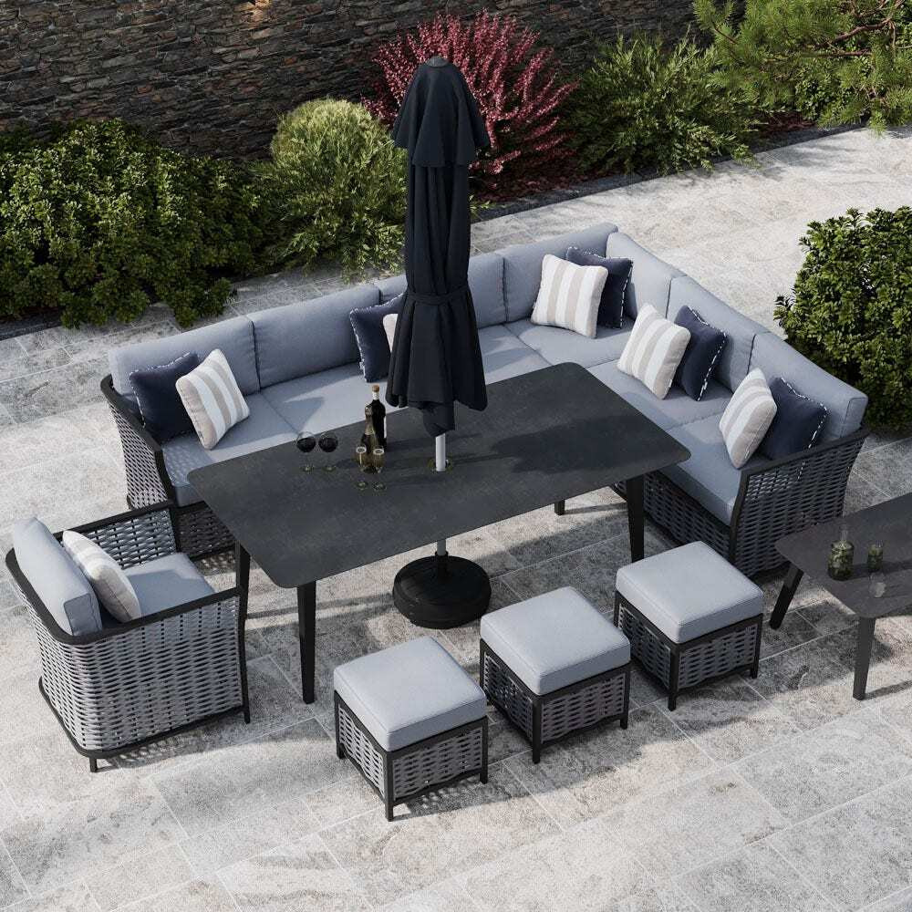 Grey 10 Seater Garden Extended Corner Sofa And Dining Combo With Armchair