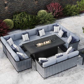 Grey 12 Seater Garden U Shaped Sofa Combo With Dining Gas Fire Pit Table & 3 Seat Sofa