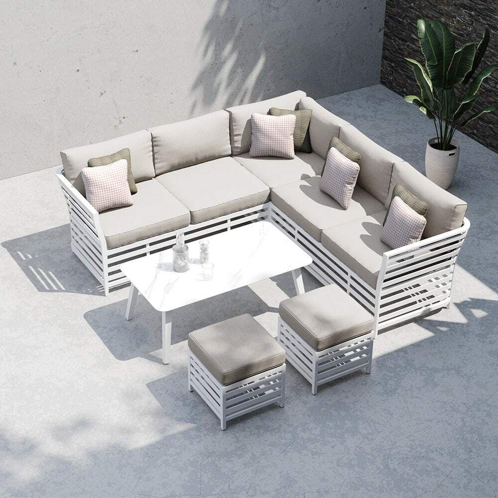 7 Seat Garden Corner Sofa In Grey With Coffee Table And Footstools - Salone