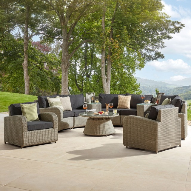 8 Seat Rattan Half Moon Sofa with Coffee Table & Drinks Cooler
