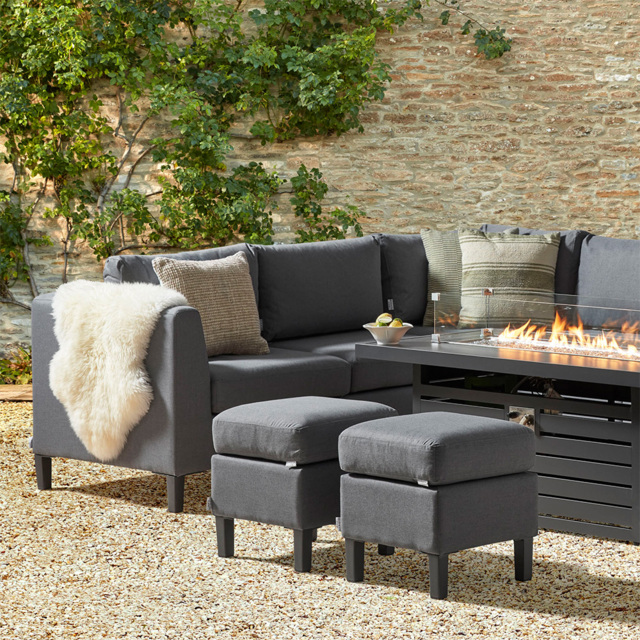 Grey 8 Seater Garden Extended Corner Sofa With Gas Fire Pit Coffee Table