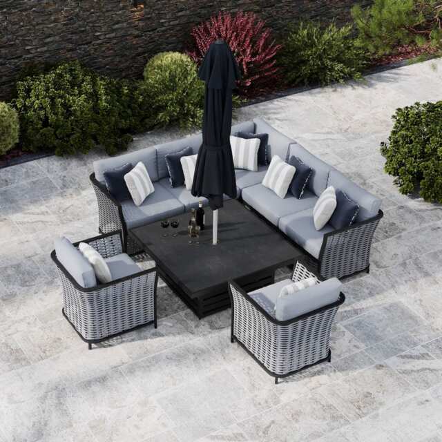 Grey 7 Seater Garden Corner Sofa With Square Rising Table and Armchairs