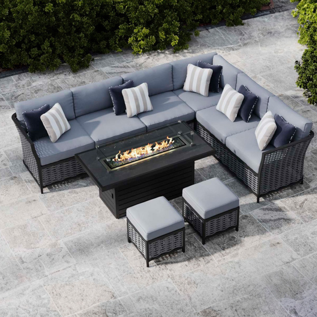 Grey 8 Seater Garden Extended Corner Sofa With Gas Fire Pit Coffee Table