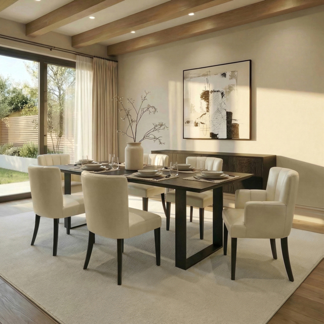 Rocco Black Dining Table and 6 Hatfield Cream Faux Leather Chairs - image 1