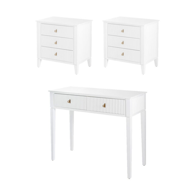 Set of 2 Heidi bedside tables and  dressing console -White -Brass/Silver - image 1