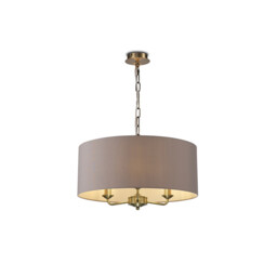 Banyan 3 Light Multi Arm Pendant, E14 Antique Brass With 50cm x 20cm Faux Silk Shade, Grey/White Laminate